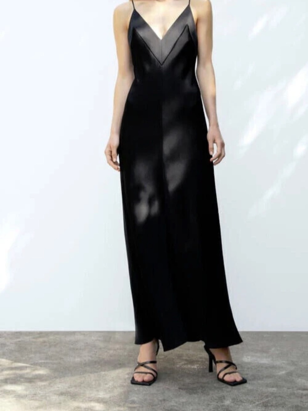 Zara Black Satin Maxi Slip Dress with Spaghetti Straps